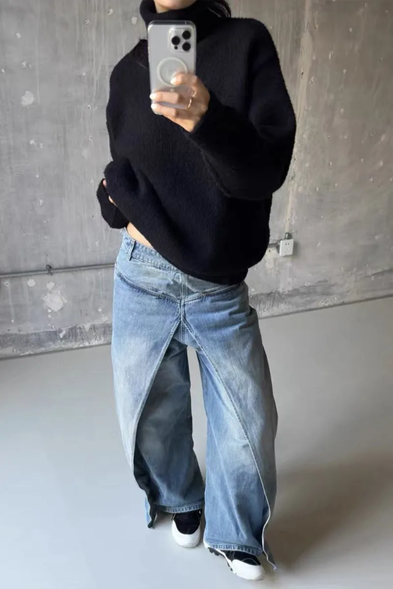 PK631 Vintage Wash Reversible Denim Wide-Leg Pants