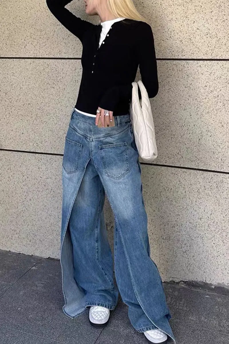 PK631 Vintage Wash Reversible Denim Wide-Leg Pants