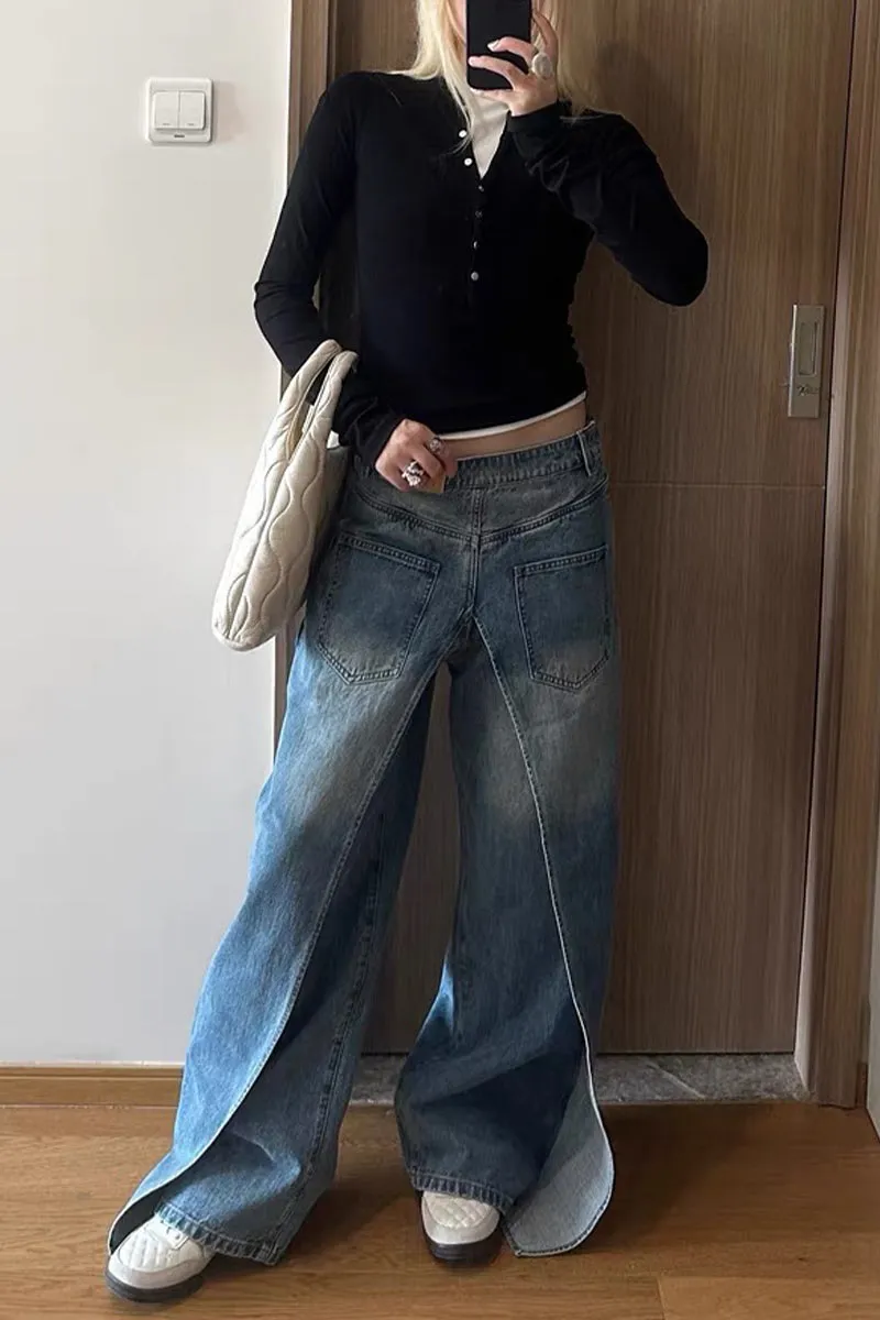 PK631 Vintage Wash Reversible Denim Wide-Leg Pants