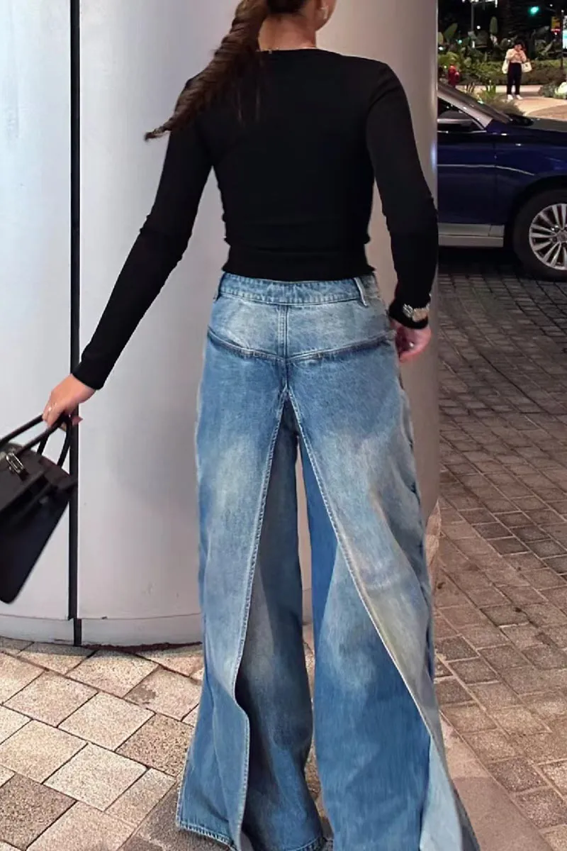 PK631 Vintage Wash Reversible Denim Wide-Leg Pants