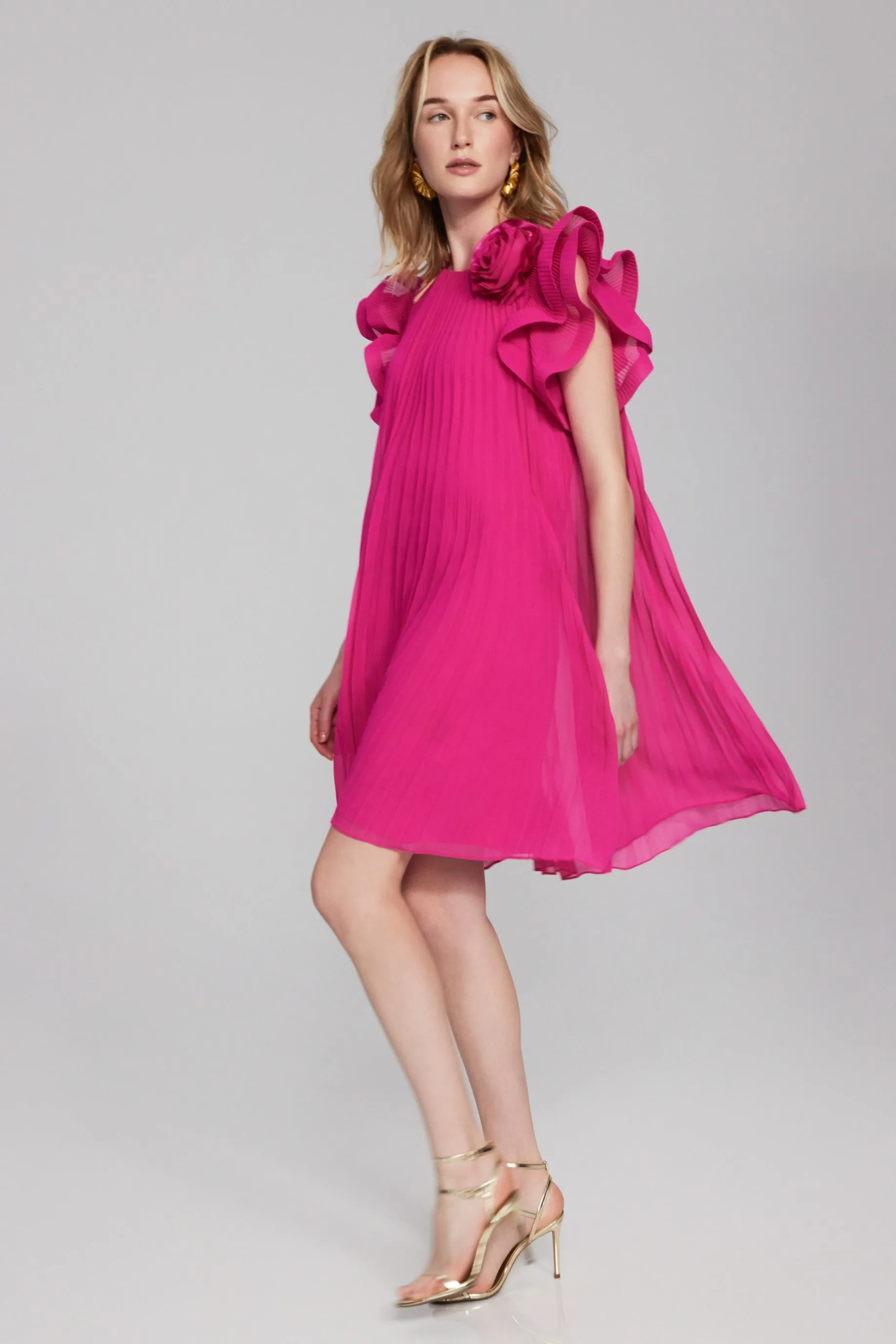 Pleated Swing Dress With Organza Floral Detail