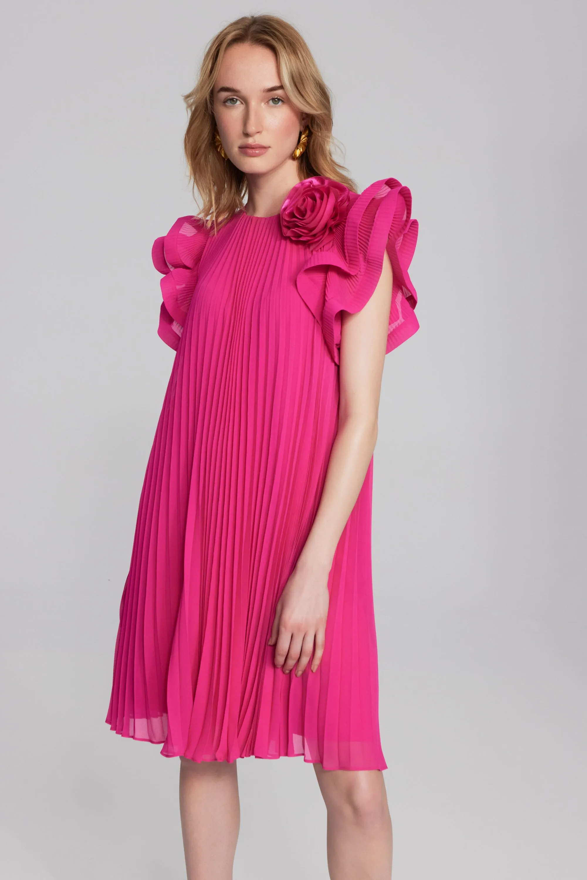 Pleated Swing Dress With Organza Floral Detail