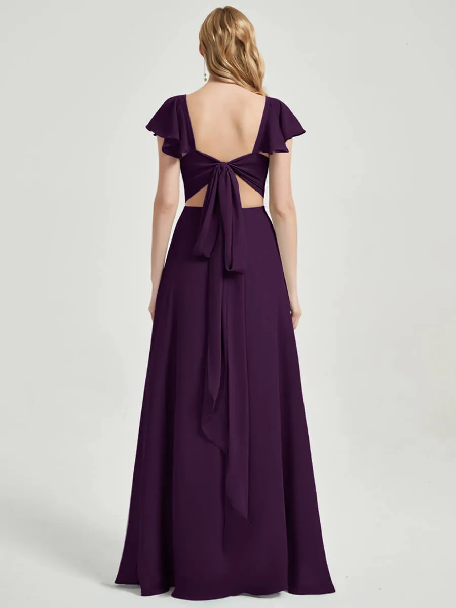 Plum Ruffle Cap Sleeves V-Neck Floor Length Bridesmaid Dress With Slit