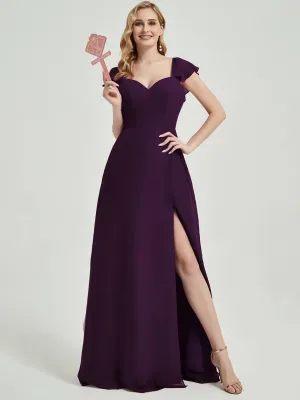 Plum Ruffle Cap Sleeves V-Neck Floor Length Bridesmaid Dress With Slit