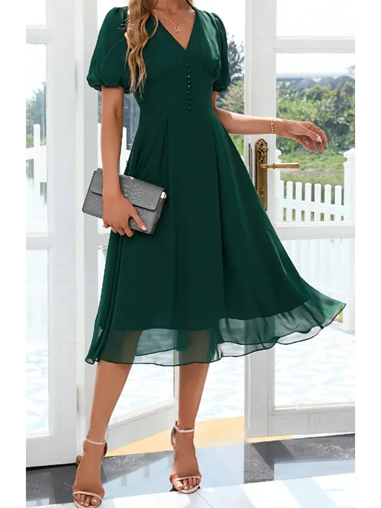 Plus Size Short Elegant Midi Dress - V-Neck Chiffon