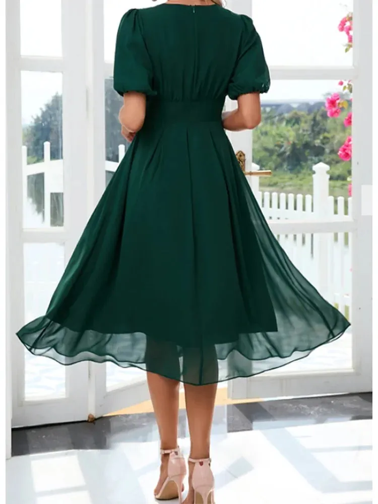 Plus Size Short Elegant Midi Dress - V-Neck Chiffon