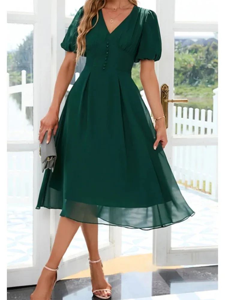 Plus Size Short Elegant Midi Dress - V-Neck Chiffon