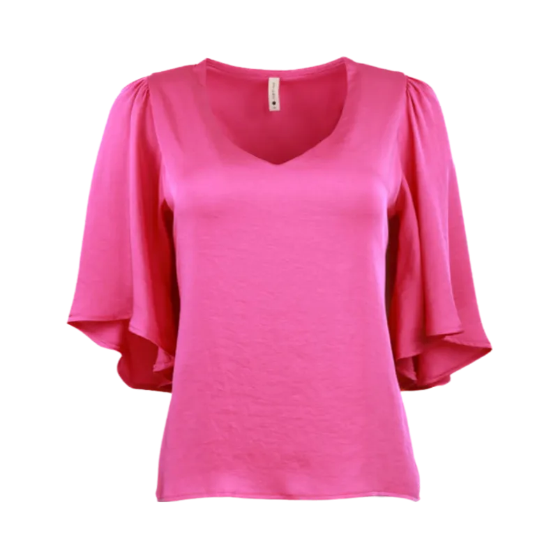 Poly Silk Petal Sleeve Top - Fuchsia