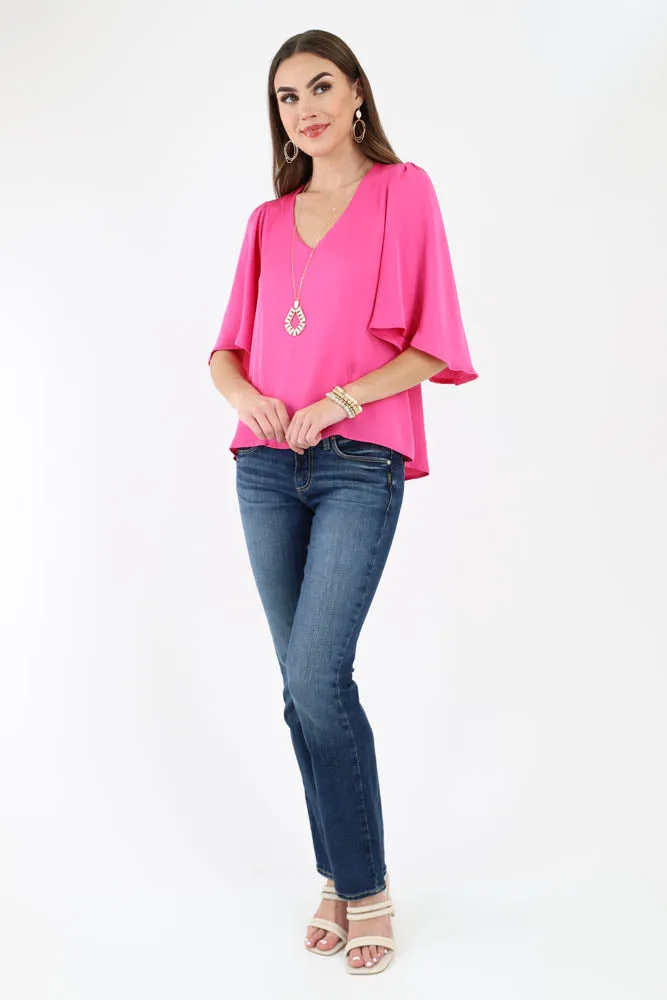 Poly Silk Petal Sleeve Top - Fuchsia