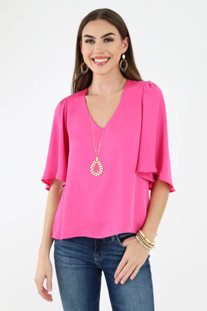 Poly Silk Petal Sleeve Top - Fuchsia
