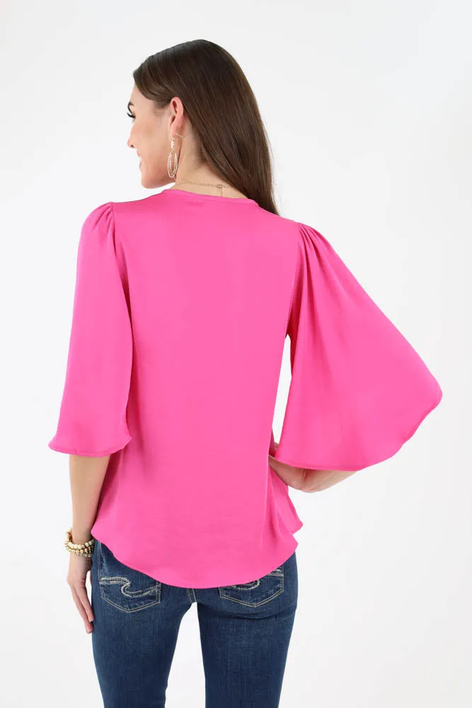 Poly Silk Petal Sleeve Top - Fuchsia