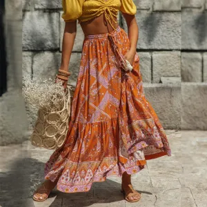 Print Bohemian Summer Skirt, Beach Skirt with Big Swing, A-line Skirt, Tassel Tie