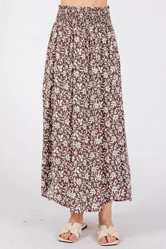 PRINT SMOCKED WAIST SLITTED MIDI SKIRT NS80176