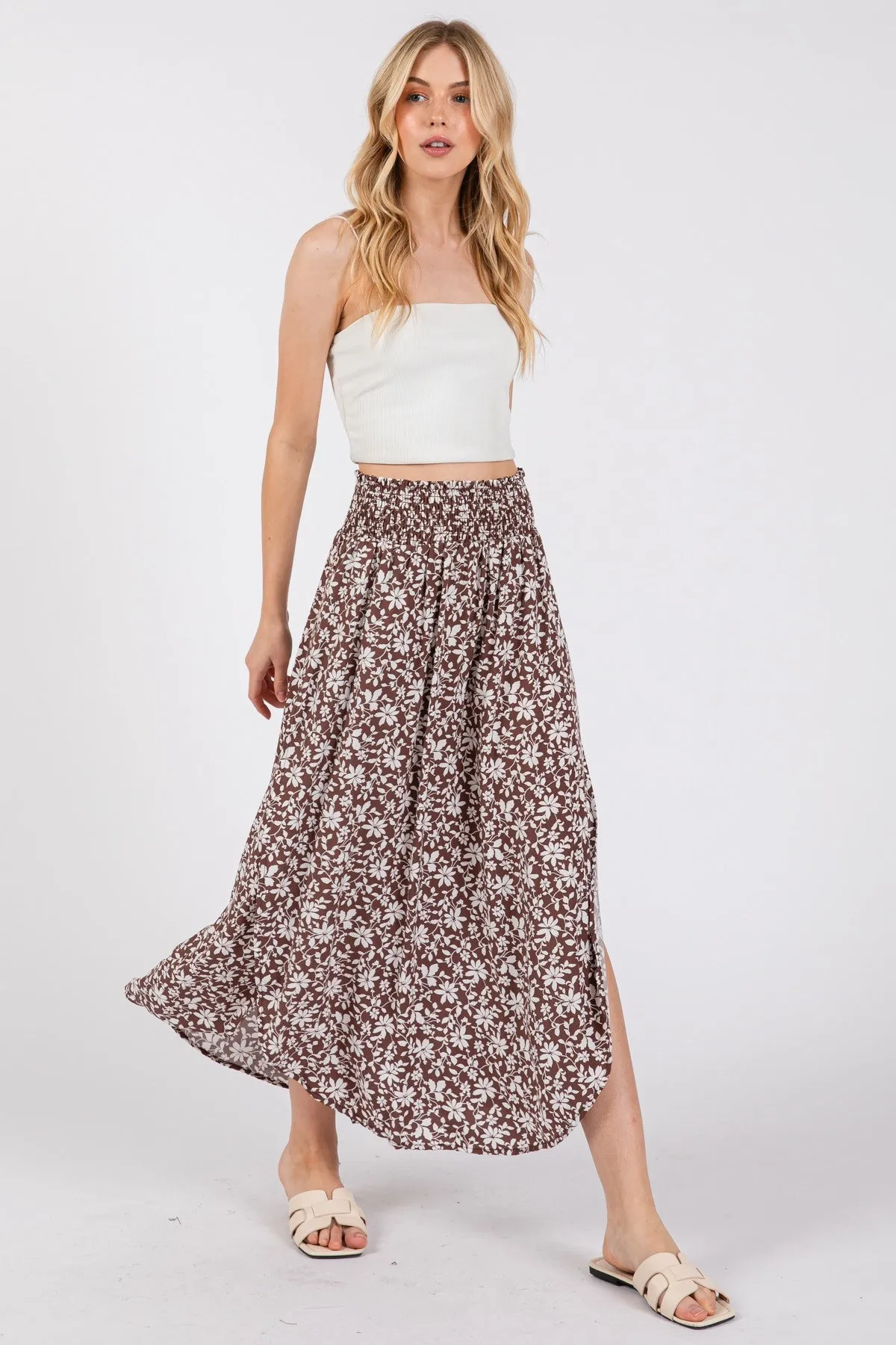 PRINT SMOCKED WAIST SLITTED MIDI SKIRT NS80176