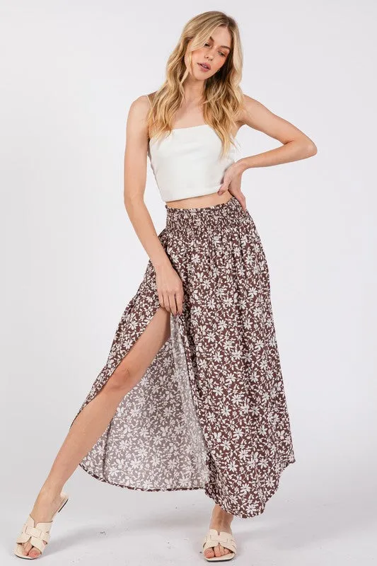 PRINT SMOCKED WAIST SLITTED MIDI SKIRT NS80176