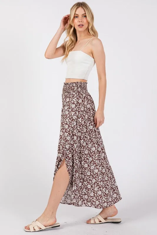 PRINT SMOCKED WAIST SLITTED MIDI SKIRT NS80176