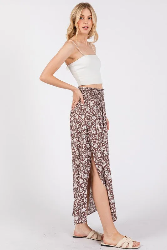 PRINT SMOCKED WAIST SLITTED MIDI SKIRT NS80176