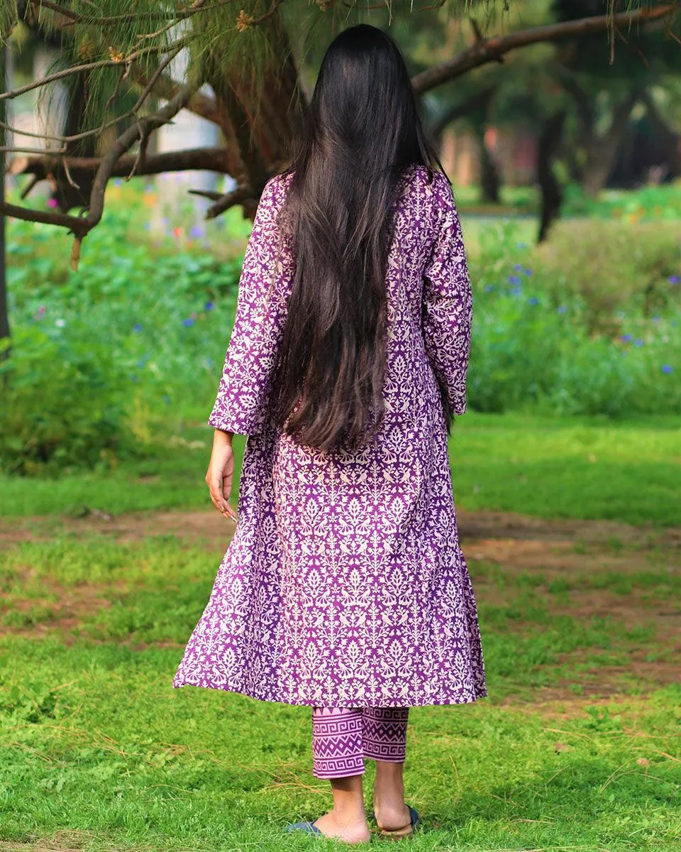 Purple Handprinted Pure Cotton Kurti Set Of 2-Slow