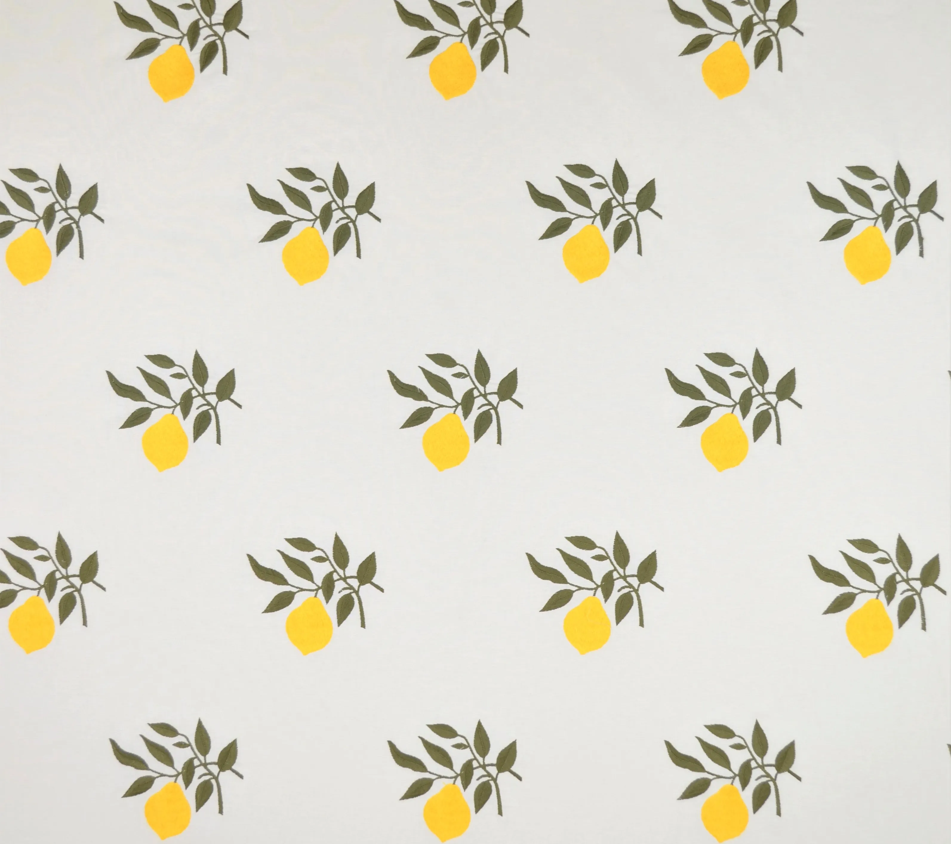 Quadrille Woven: Lemon Tree - Custom Yellow / Green Embroidery on Ecru 100% Cotton Sateen (Imported from Spain)