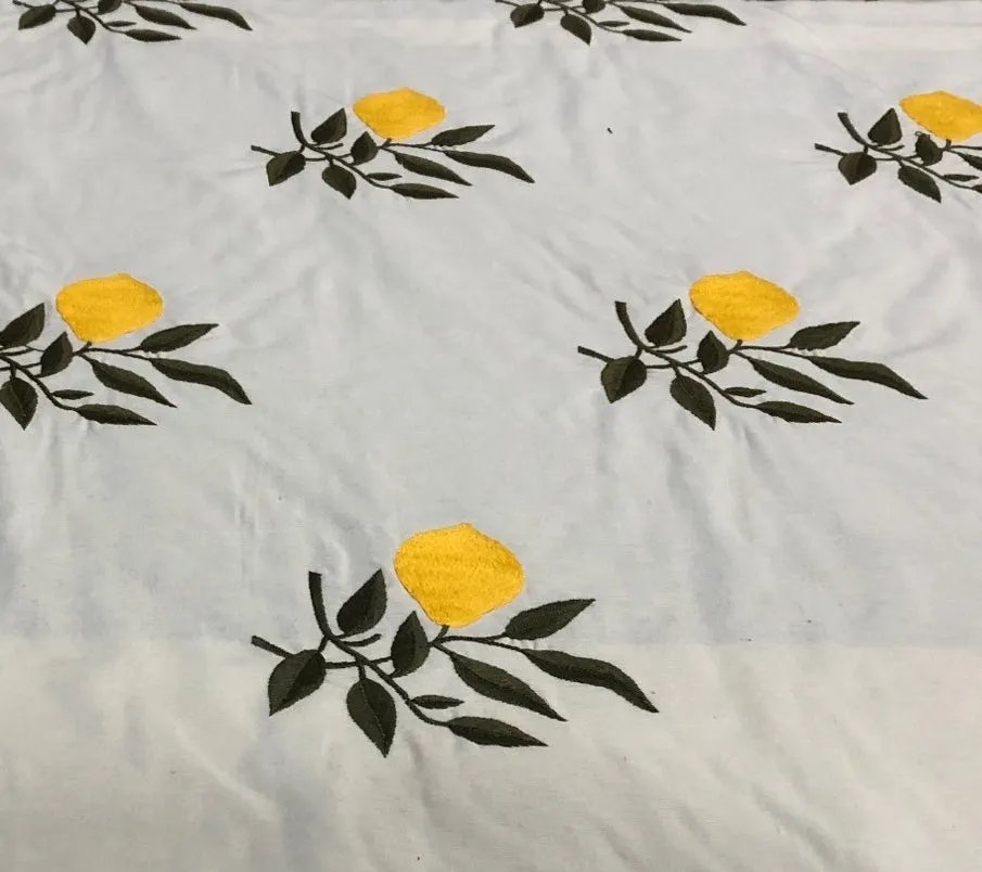 Quadrille Woven: Lemon Tree - Custom Yellow / Green Embroidery on Ecru 100% Cotton Sateen (Imported from Spain)