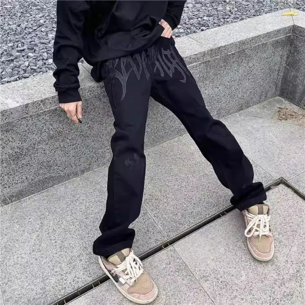 "Black Plain Letter Embroidery Straight" Jeans