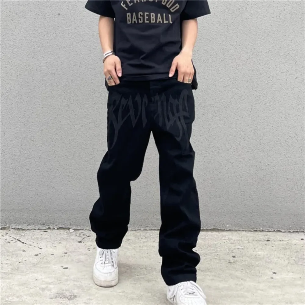 "Black Plain Letter Embroidery Straight" Jeans