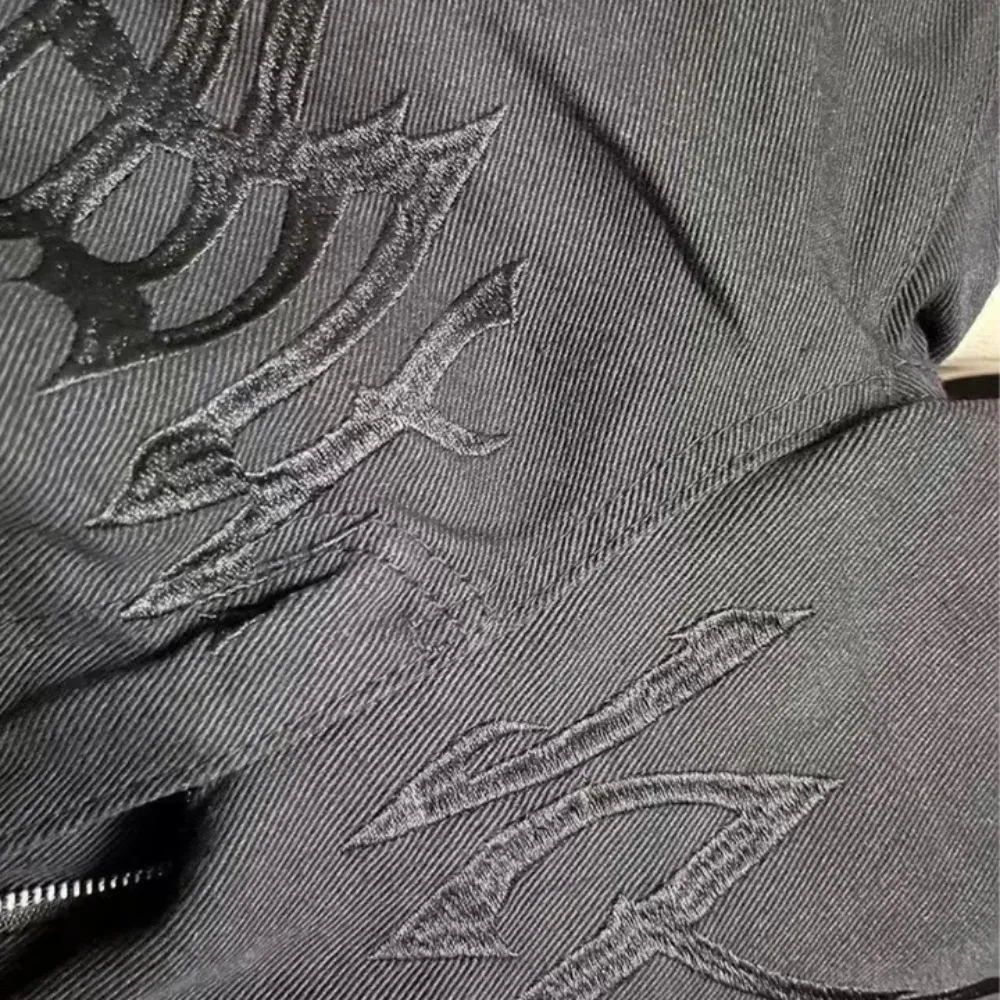 "Black Plain Letter Embroidery Straight" Jeans