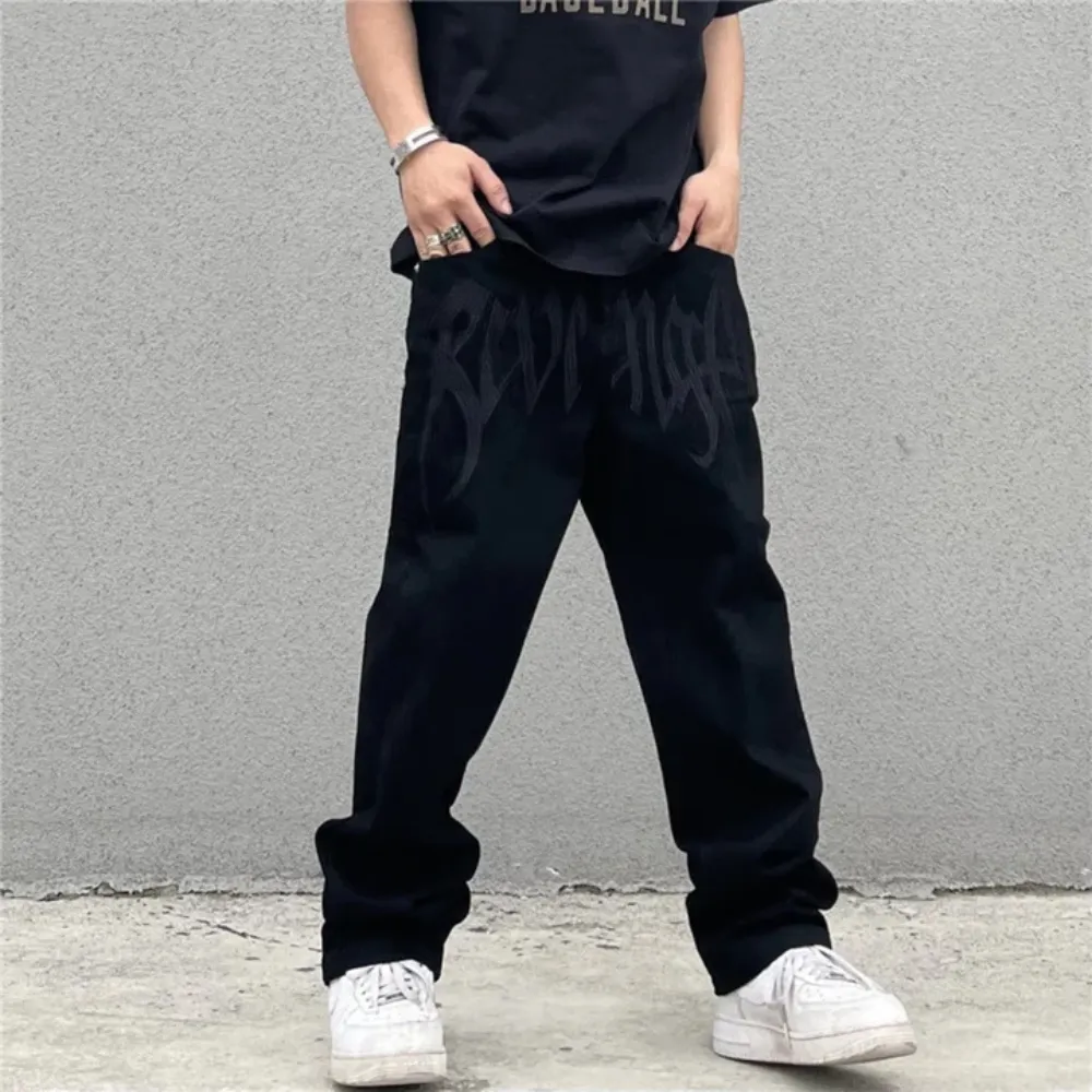 "Black Plain Letter Embroidery Straight" Jeans