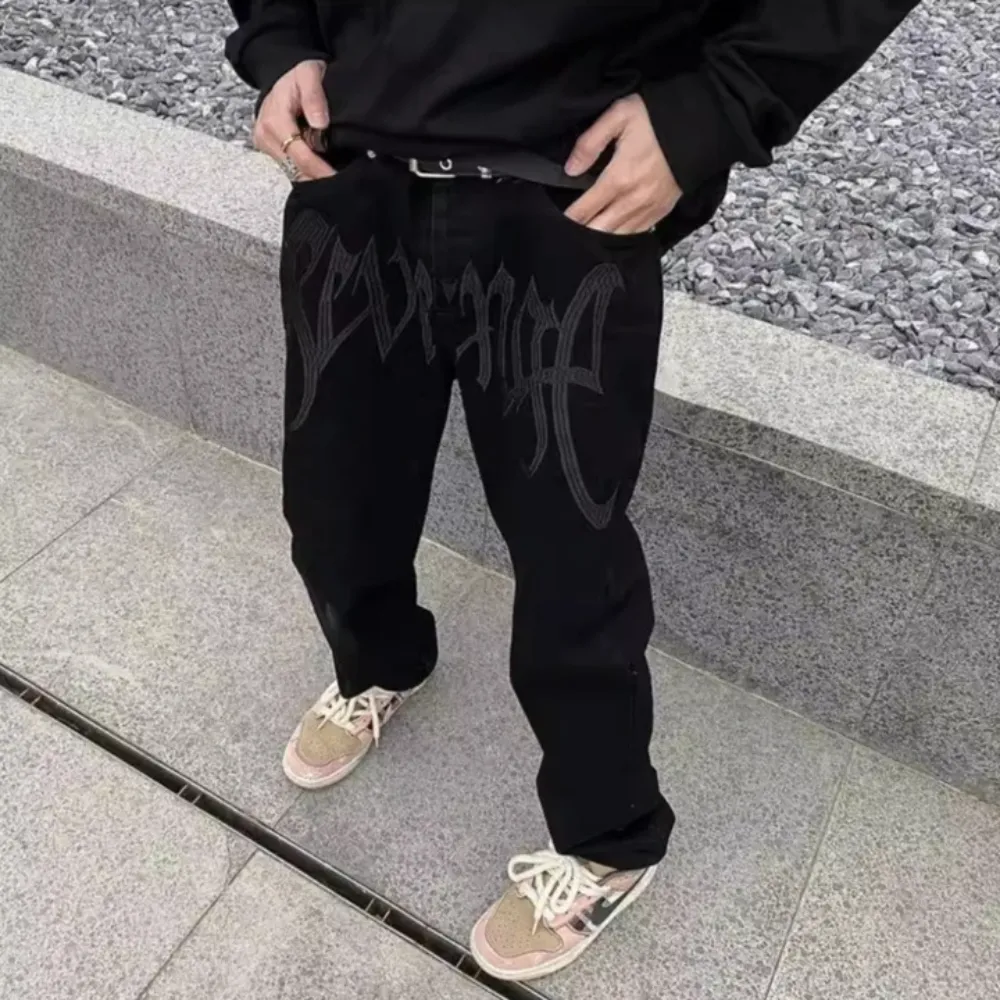 "Black Plain Letter Embroidery Straight" Jeans