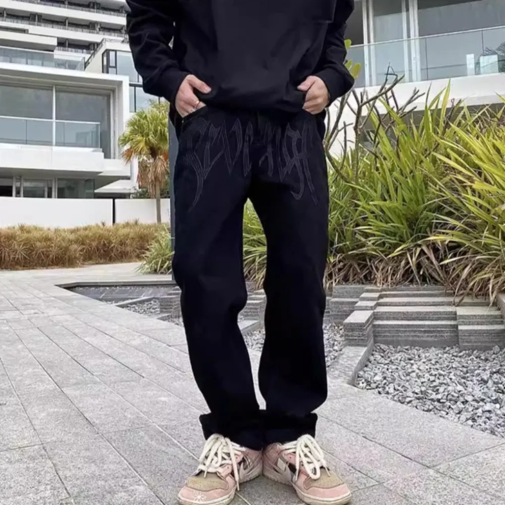 "Black Plain Letter Embroidery Straight" Jeans