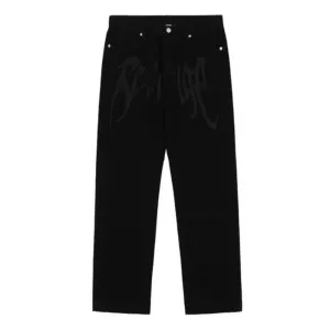 "Black Plain Letter Embroidery Straight" Jeans