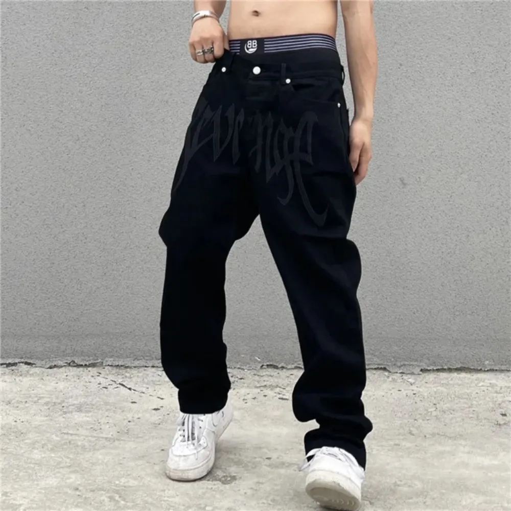 "Black Plain Letter Embroidery Straight" Jeans