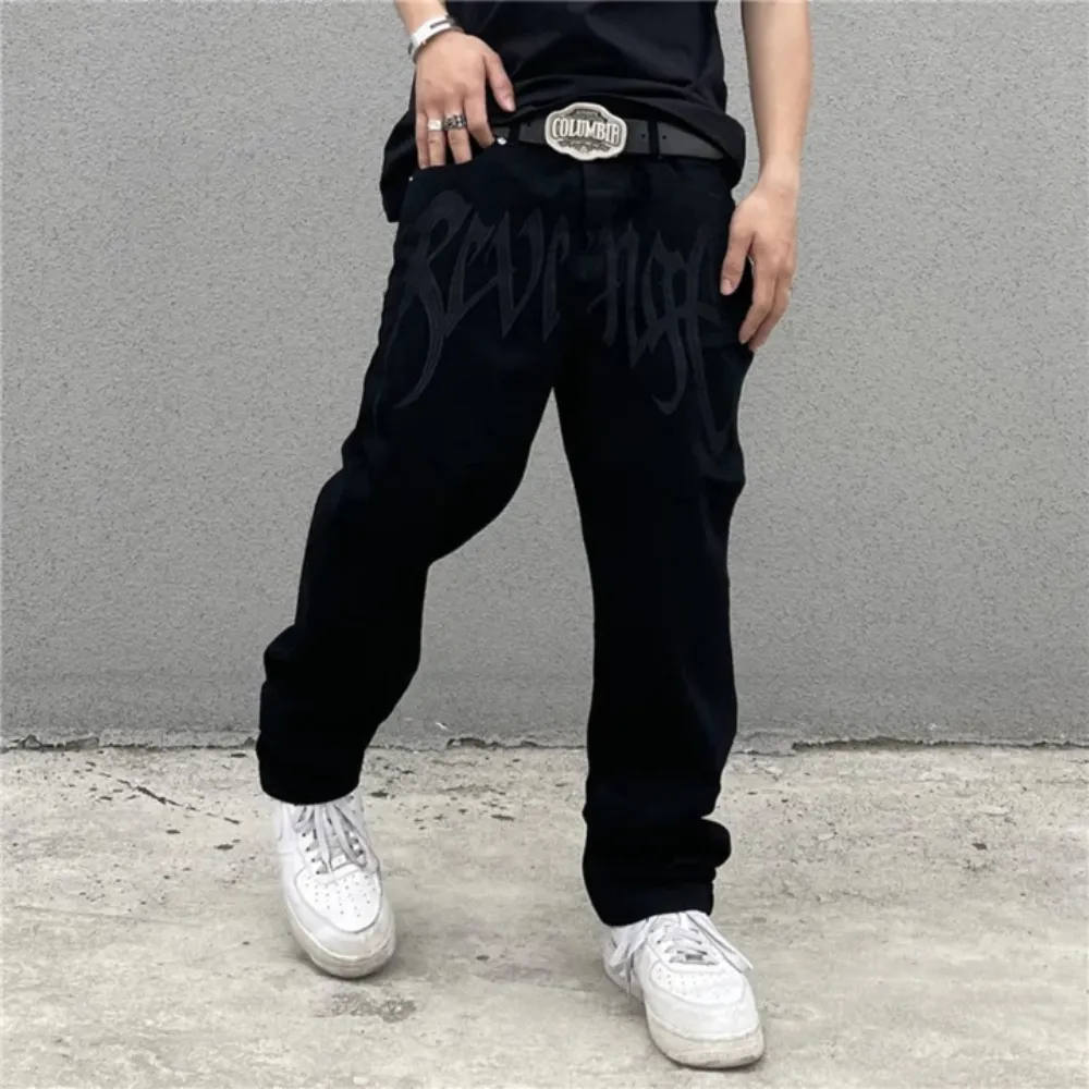 "Black Plain Letter Embroidery Straight" Jeans