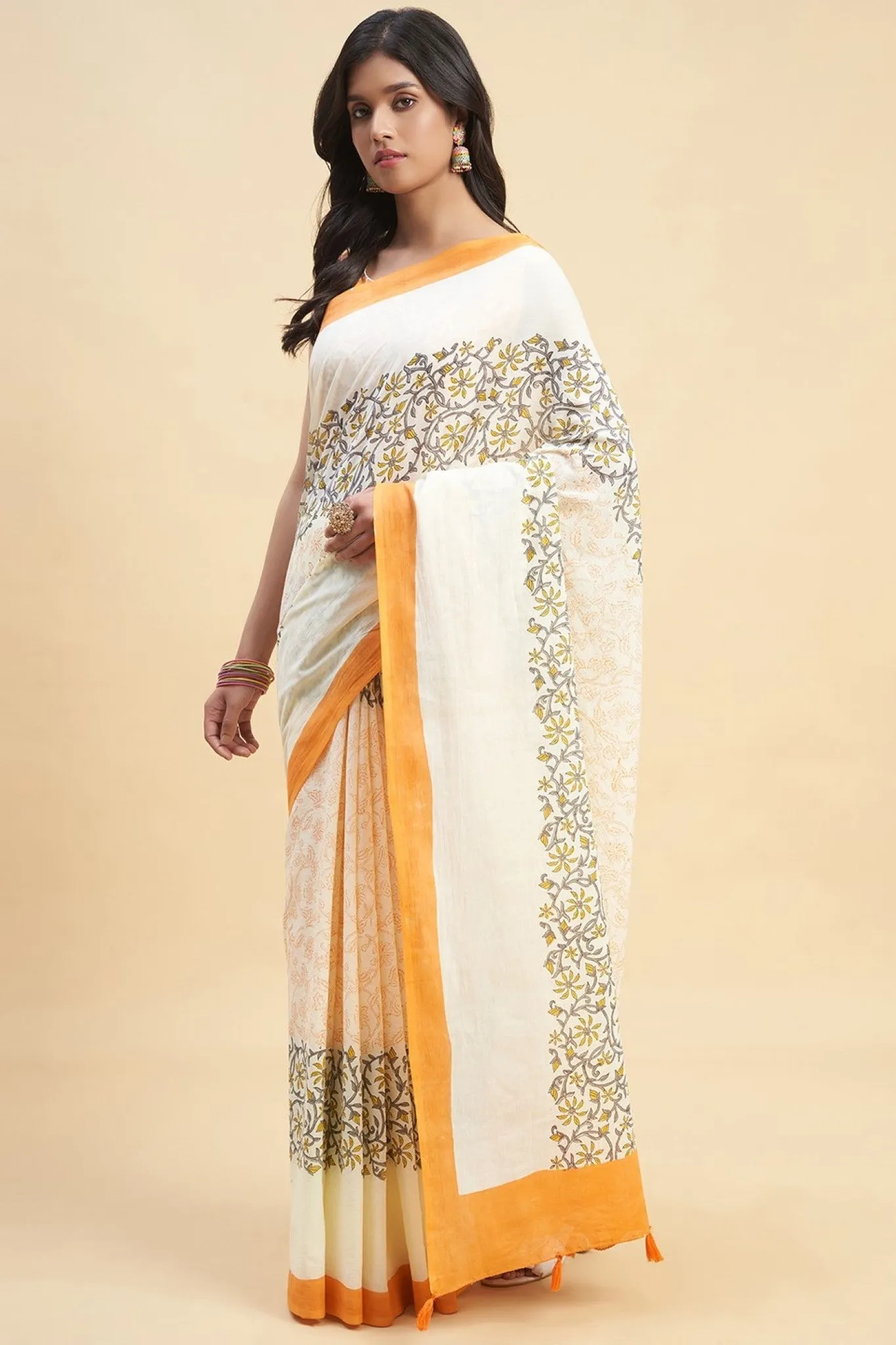 "Crape Myrtle Saffron" HANDBLOCK PRINT MUL COTTON SAREE