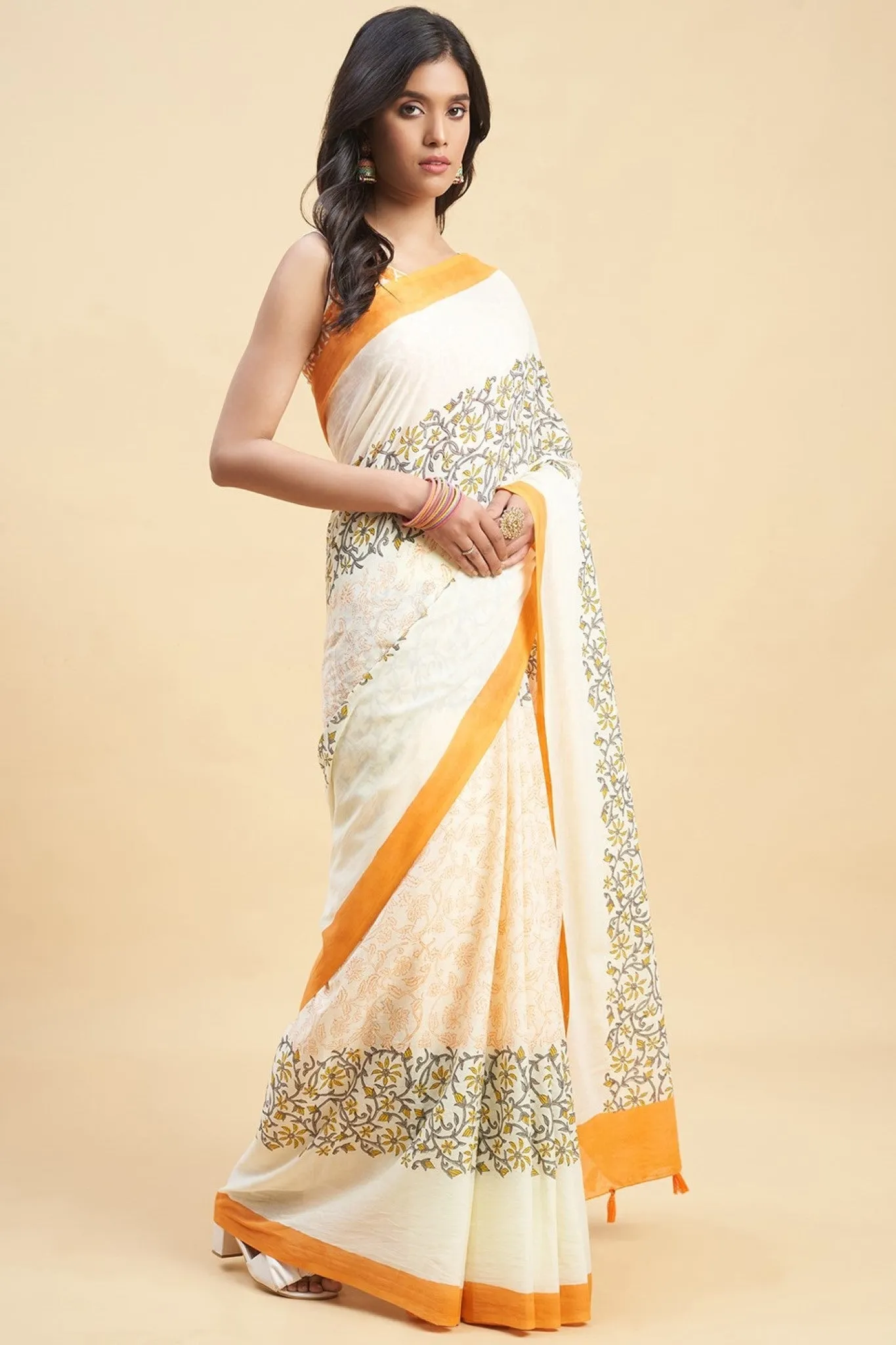 "Crape Myrtle Saffron" HANDBLOCK PRINT MUL COTTON SAREE