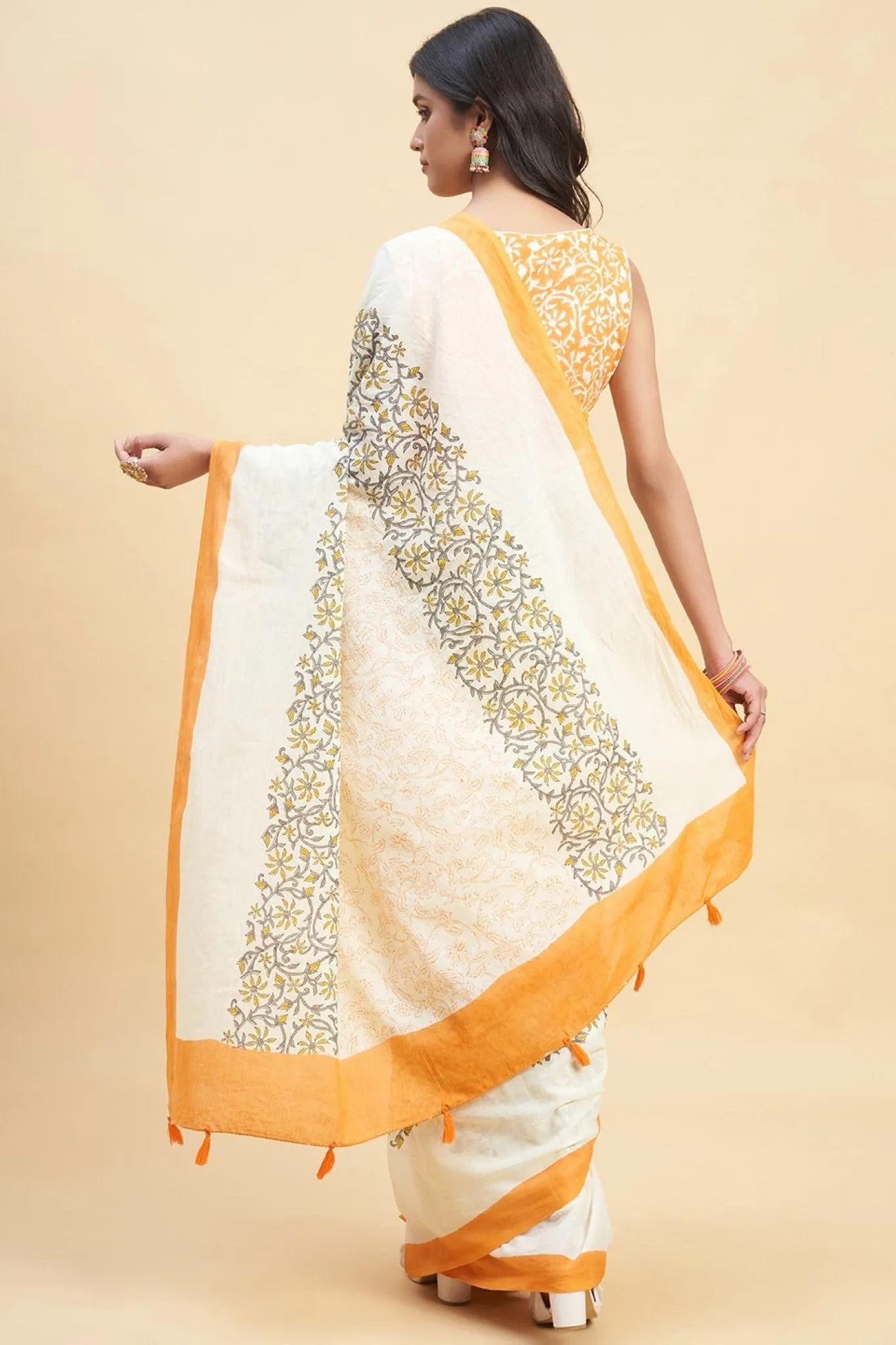 "Crape Myrtle Saffron" HANDBLOCK PRINT MUL COTTON SAREE