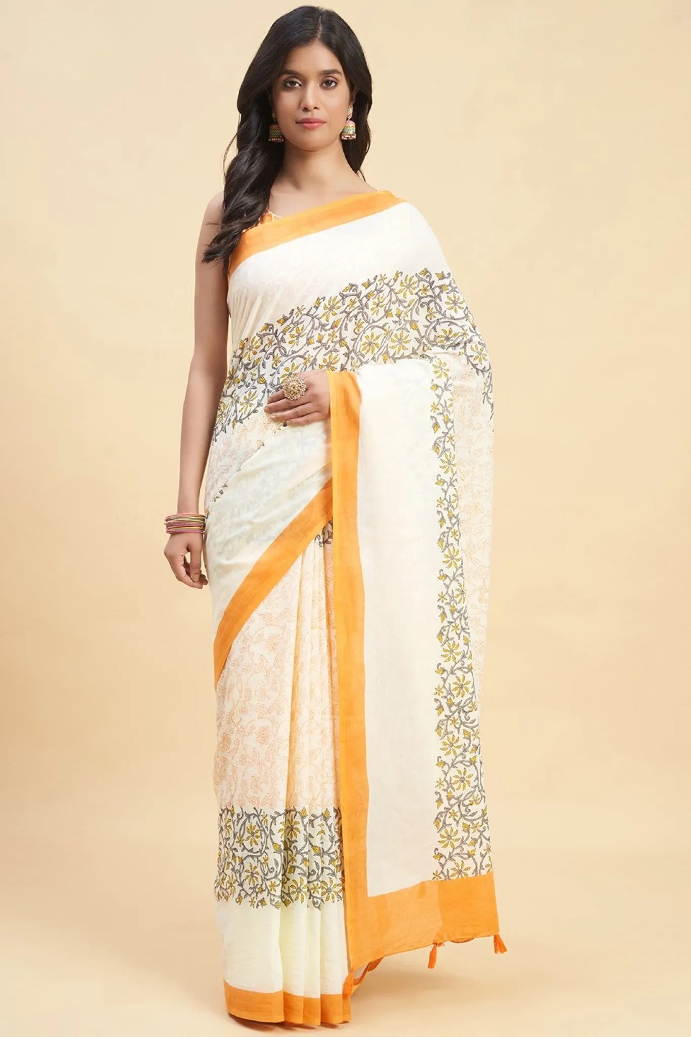 "Crape Myrtle Saffron" HANDBLOCK PRINT MUL COTTON SAREE