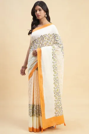 "Crape Myrtle Saffron" HANDBLOCK PRINT MUL COTTON SAREE