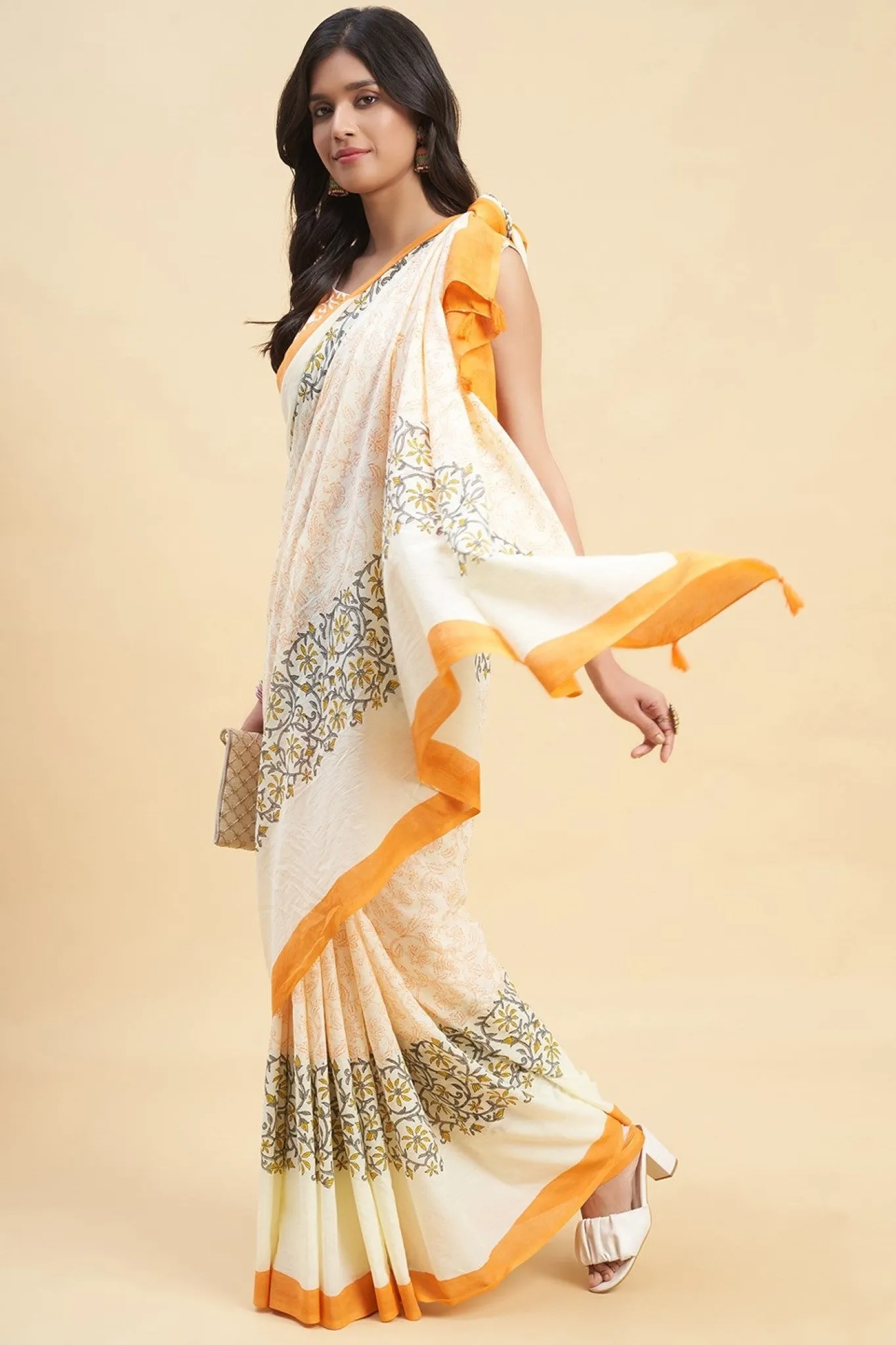 "Crape Myrtle Saffron" HANDBLOCK PRINT MUL COTTON SAREE