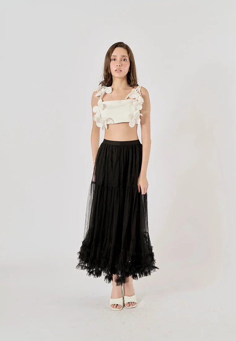 Ravenna Black Mesh High Waist Raffles Maxi Skirt