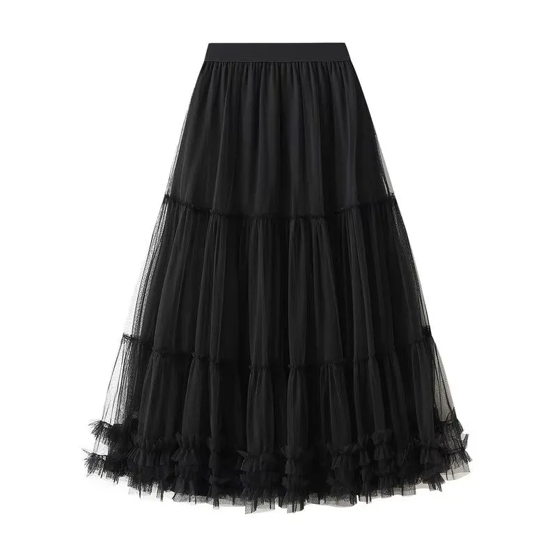 Ravenna Black Mesh High Waist Raffles Maxi Skirt