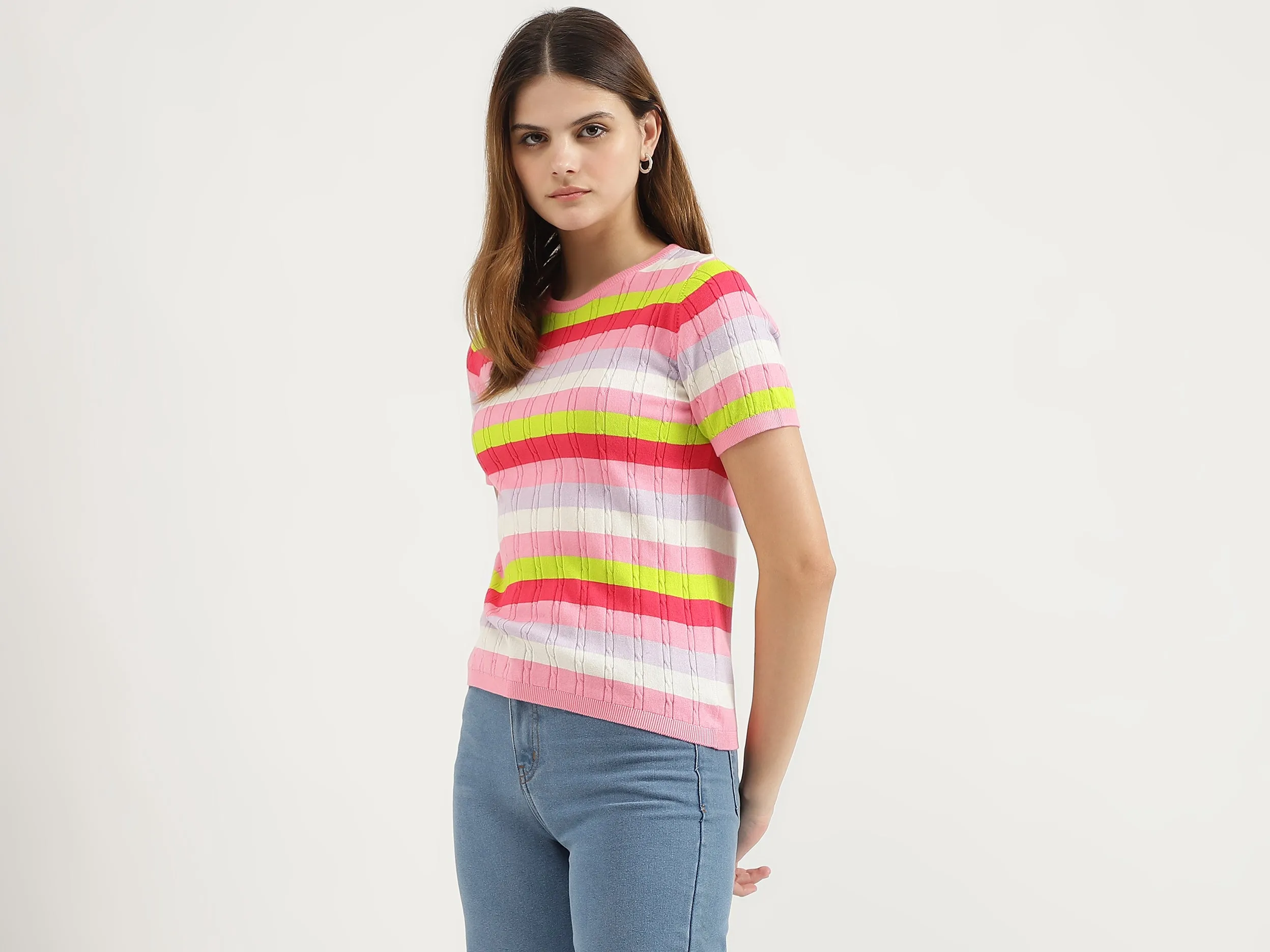 Regular Fit Round Neck Striped Tops