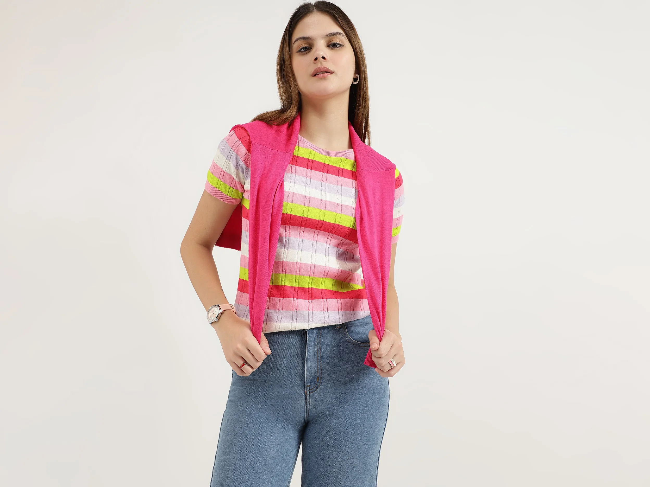 Regular Fit Round Neck Striped Tops