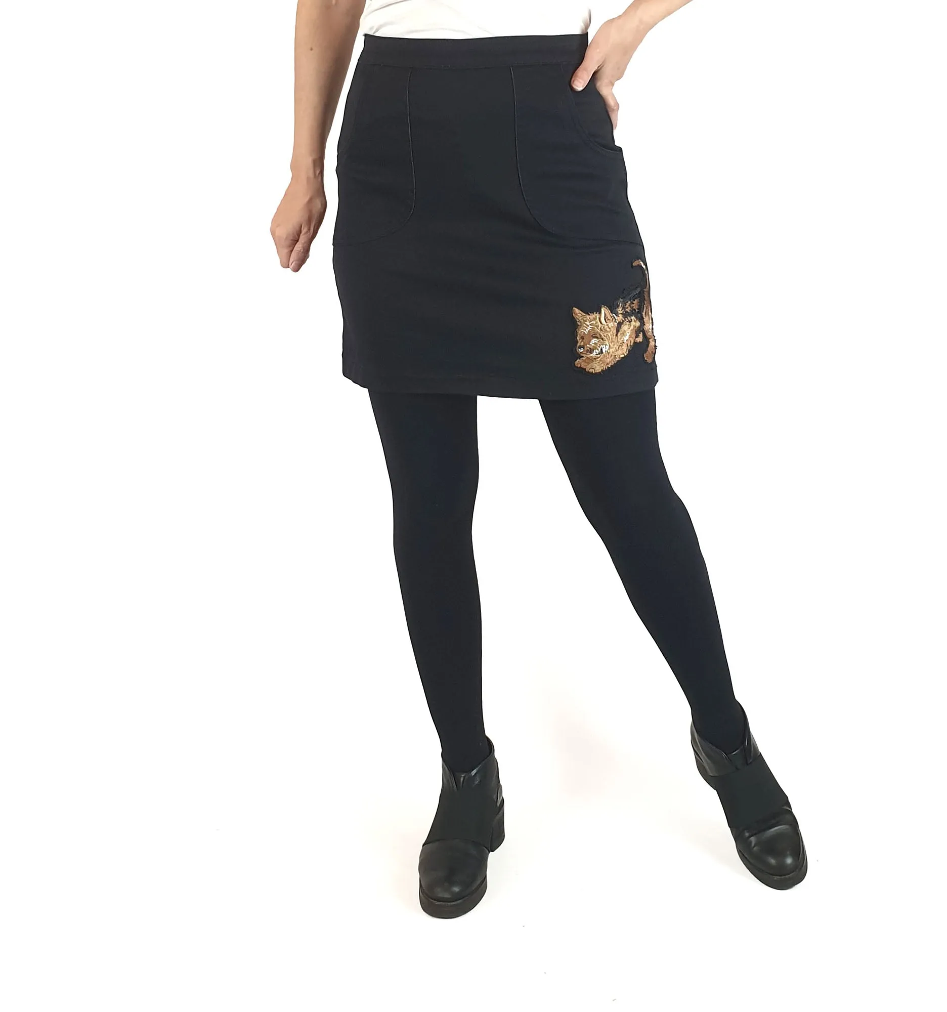 Revival black mini skirt with cute dog embroidery size 10 (small fit, best fits 8)