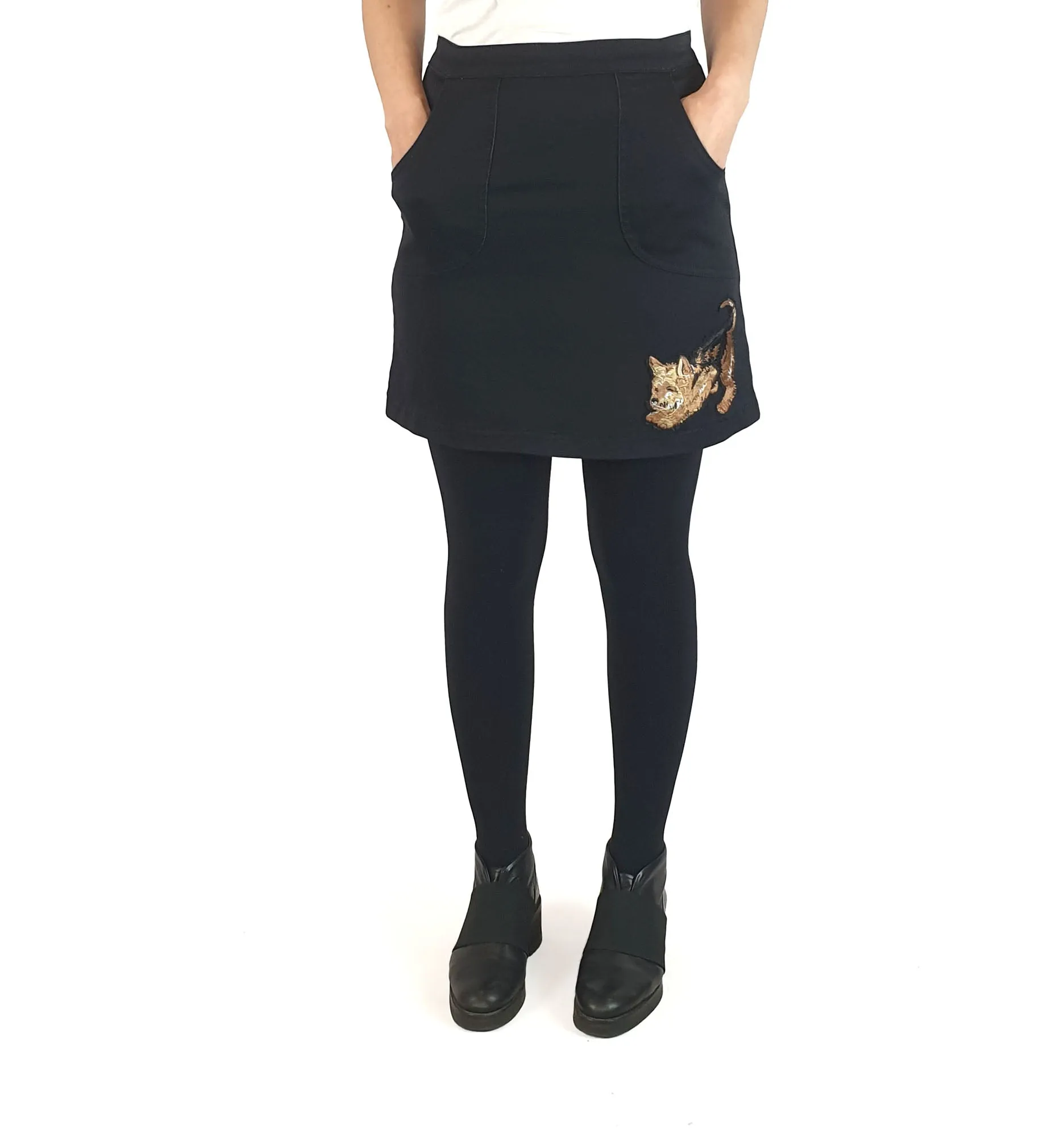 Revival black mini skirt with cute dog embroidery size 10 (small fit, best fits 8)