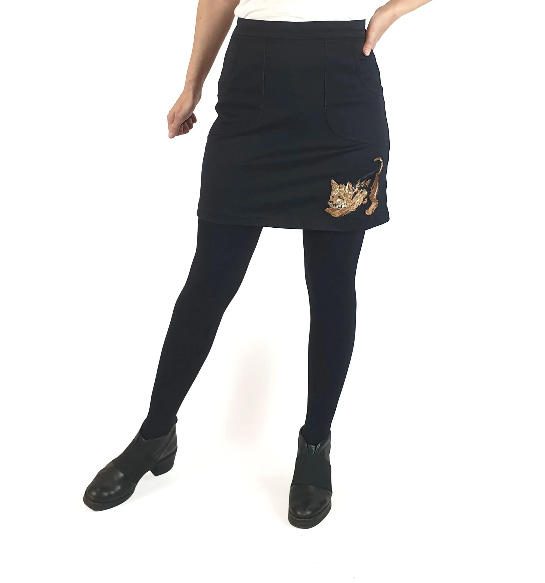Revival black mini skirt with cute dog embroidery size 10 (small fit, best fits 8)