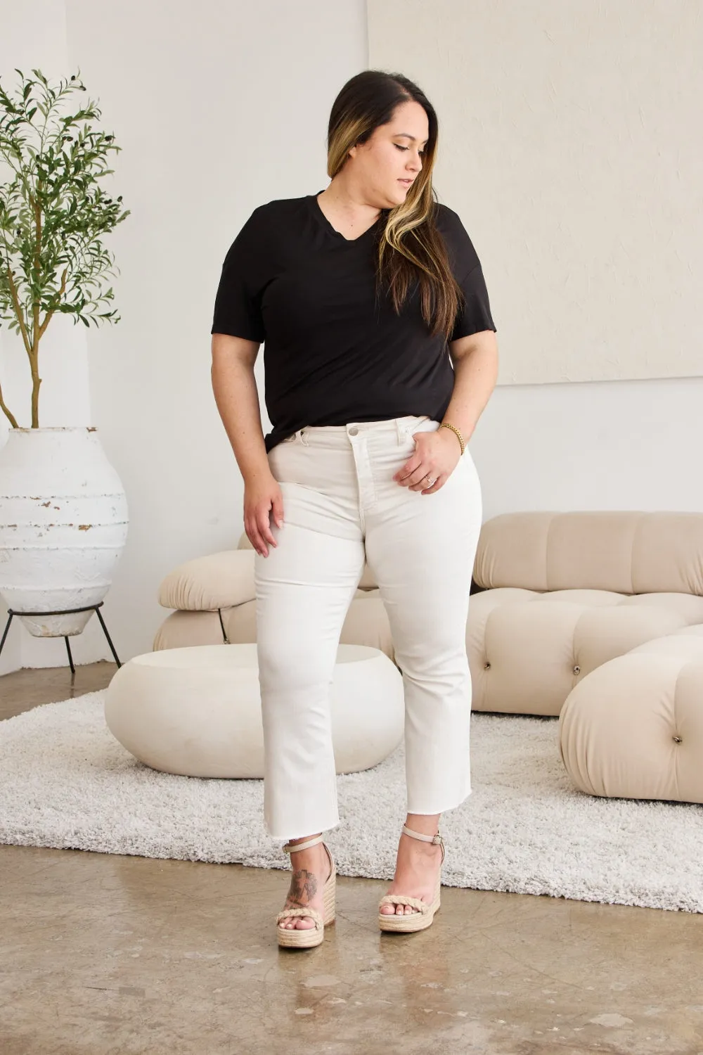 RFM Off White Tummy Control High Waist Raw Hem Jeans