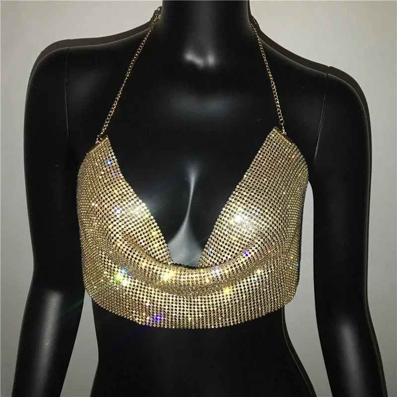 Rhinestone Babes Ultra Short Sexy Backless Metal Super Flash Halter Tank Top