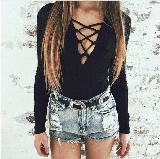 Ribbed Tie Up Sexy High Waist Bodysuit