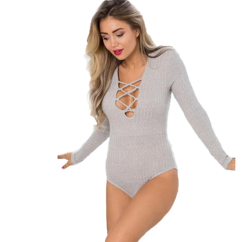 Ribbed Tie Up Sexy High Waist Bodysuit